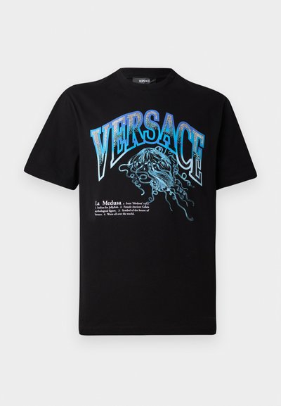 Black T-shirt featuring a blue and metallic graphic of Medusa and the text "VERSACE" in bold letters. Short sleeves and a relaxed fit.