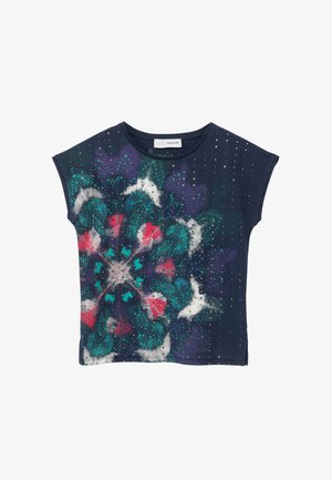 Navy blue short-sleeve top with large multicolored floral pattern and small sparkling embellishments scattered across the fabric.