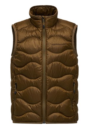 Bruine doorgestikte mouwloze bodywarmer met hoge kraag, rits aan de voorkant en zijzakken met rits. Geborduurd merkembleem op de linkerborst.