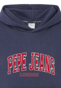 Navy blue hoodie with a drawstring, featuring large red text "PEPE JEANS" and "LONDON" underneath. Made from soft fabric with a smooth texture.