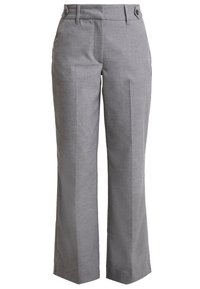 Šedé široké kalhoty s precizním střihem, s hladkým povrchem, dvěma předními kapsami a dvěma knoflíky na pase.