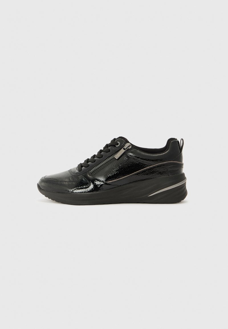 Black patent leather sneakers with a textured finish, lace-up front, side zipper, and a raised, curved sole design.