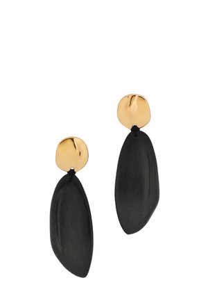 Clous d'oreilles ovales en or avec de grandes pendeloques allongées en forme de goutte noire mate suspendues en dessous, présentés sur fond blanc.