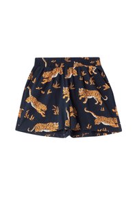 Baumwollshorts mit einem elastischen Bund, mit einem dunkelblauen Hintergrund und einem orangenen Tigerdesign, das mit grünen Blattakzenten verziert ist.
