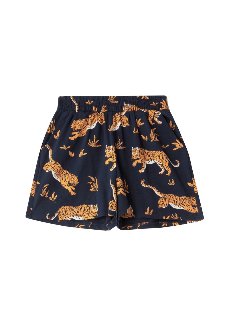 Baumwollshorts mit einem elastischen Bund, mit einem dunkelblauen Hintergrund und einem orangenen Tigerdesign, das mit grünen Blattakzenten verziert ist.