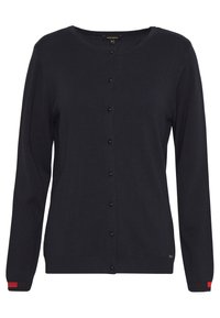 Marineblaues Cardigan mit Rundhalsausschnitt, langen Ärmeln und kleinen schwarzen Knöpfen. Beinhaltet rote und schwarze gestreifte Akzente an den Ärmelbündchen.