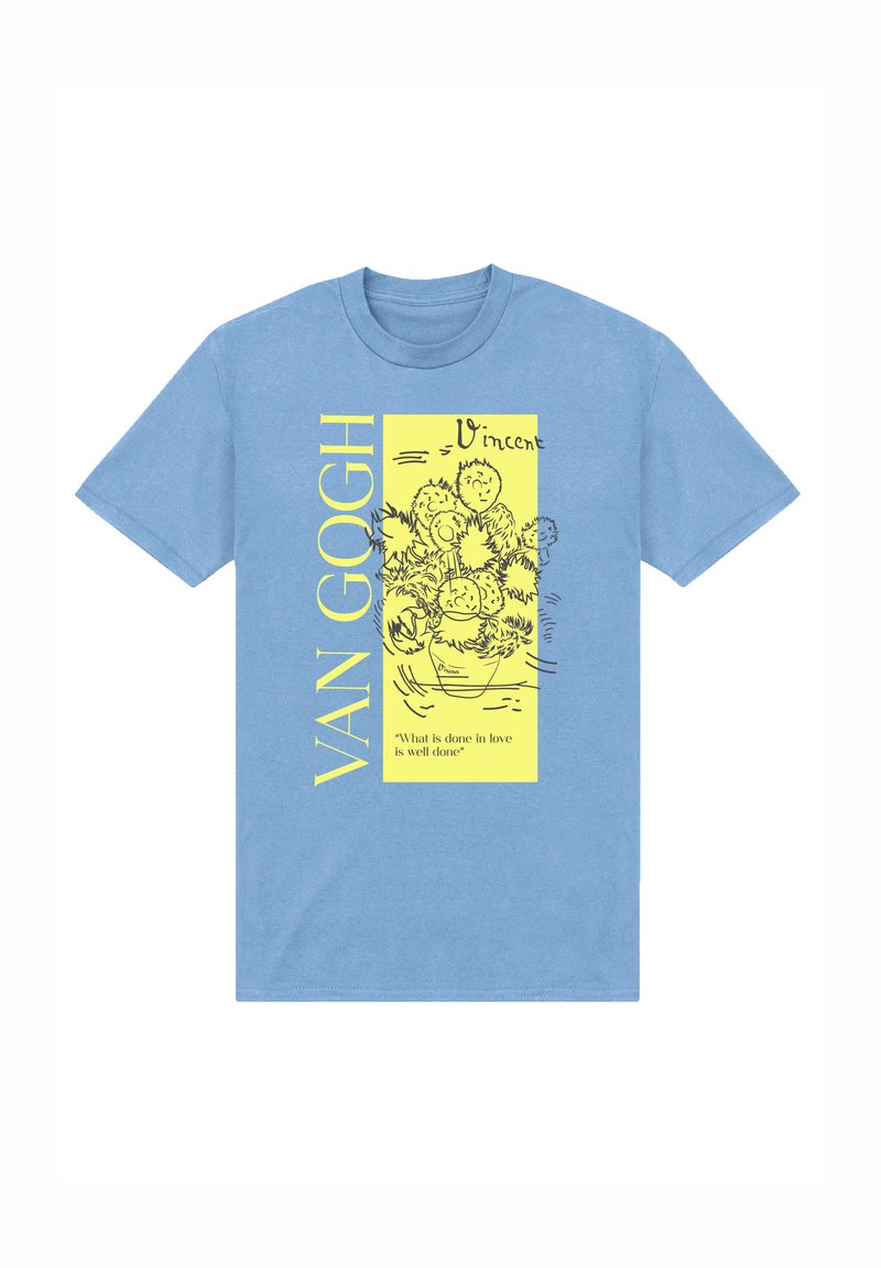 Světle modré tričko s žlutým obdélníkem, na kterém je náčrt slunečnic, text "VAN GOGH" a citát "Co je uděláno z lásky, je dobře uděláno."