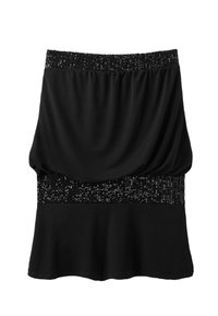 Jupe noire longueur genou avec tissu froncé et larges bandes pailletées à la taille et au milieu.
