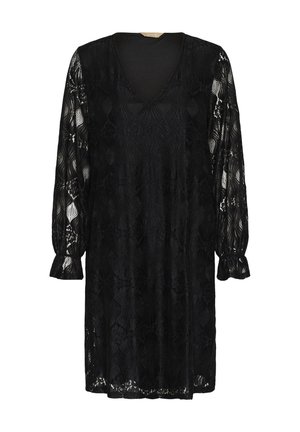 Rochie neagră din dantelă, până la genunchi, cu mâneci lungi și translucide, de tip puffed, decolteu în V și mansete cu volane.
