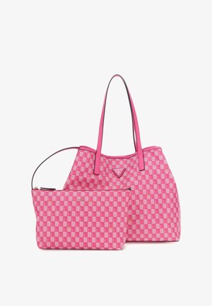 Pink checker-patterned tote bag with matching smaller pouch; features smooth material, dual handles, and gold logo accents.