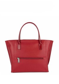 Borsa tote in pelle rossa con doppi manici, tasca frontale con zip, superficie testurizzata e forma strutturata. Nessun dettaglio hardware visibile.