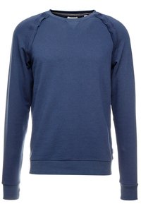 Marineblauwe sweatshirt van zachte stof, met een ronde hals, lange mouwen en textuurelementen langs de schouder naden.