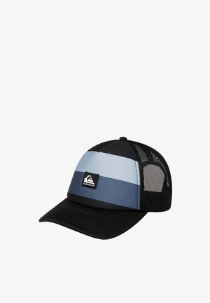 Casquette de camionneur noire et bleue rayée avec arrière en maille et petite écusson carré du logo Quiksilver sur le panneau avant.