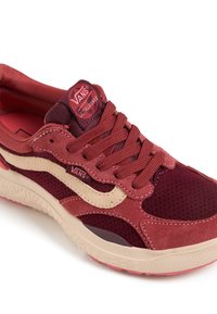 Vans Ultramarine sneakers featuring maroon suede and mesh upper, beige side stripe, and textured cream sole with pink accents.