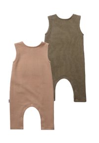 Two sleeveless baby rompers: one in soft beige, the other in olive green. Both feature a textured knit fabric and snap closures at the bottom.
