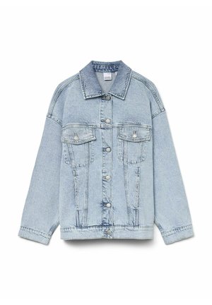 Gai zilgans džinsi jackets ar izteiktu apkakli, lielām priekšējām kabatām un pogām. Tam ir brīvs piegriezums un redzamie šuvumi.