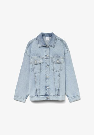 Heled sinine teksajakk terava kraega, suurte esikottide ja nööbiga kinnitamisega. Omab lahedat istuvust ja nähtavat õmblust.