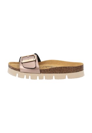 Brown and black slide sandal with a metallic strap and rectangular buckle, cork footbed, and light rubber outsole with ridged design.