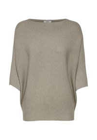 Pull en maille côtelée marron clair avec large encolure bateau et manches courtes amples, présenté sur un fond blanc.