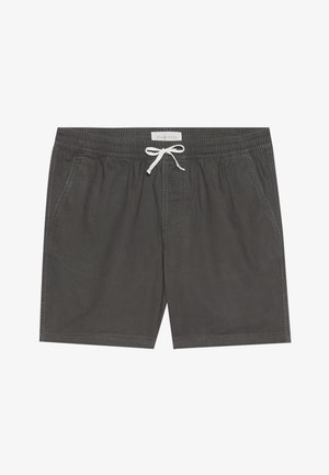 Γκρίζα μαγιό φτιαγμένα από μαλακό ύφασμα, με ελαστική μέση και λευκή κορδόνι, ραμμένα σχέδια και πλαϊνές τσέπες.