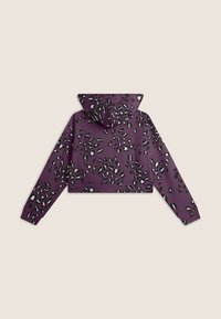Felpa corta viola con motivo a macchie di leopardo bianco e nero, con cappuccio e maniche lunghe realizzata in tessuto morbido e liscio.