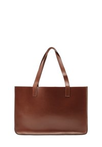 Sac en cuir marron avec deux poignées supérieures, forme rectangulaire, texture lisse, lignes épurées et sans matériel ni accents visibles.