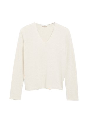 Pull crème à manches longues et encolure en V avec un ourlet droit et une texture de tissu douce et légère.