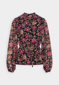 Blusa floreale con maniche lunghe e a sbuffo; sfondo nero con rose rosse e rosa. Vita legata per una silhouette aderente; texture in tessuto trasparente.