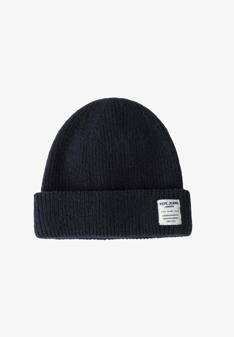 Gorro de punto en color azul marino con un puño doblado y una pequeña etiqueta de marca blanca. Hecho de hilo texturizado para brindar calidez y comodidad.
