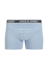 Light blue cotton boxer shorts with a black waistband featuring white "JACK & JONES" text; smooth texture and fitted design.