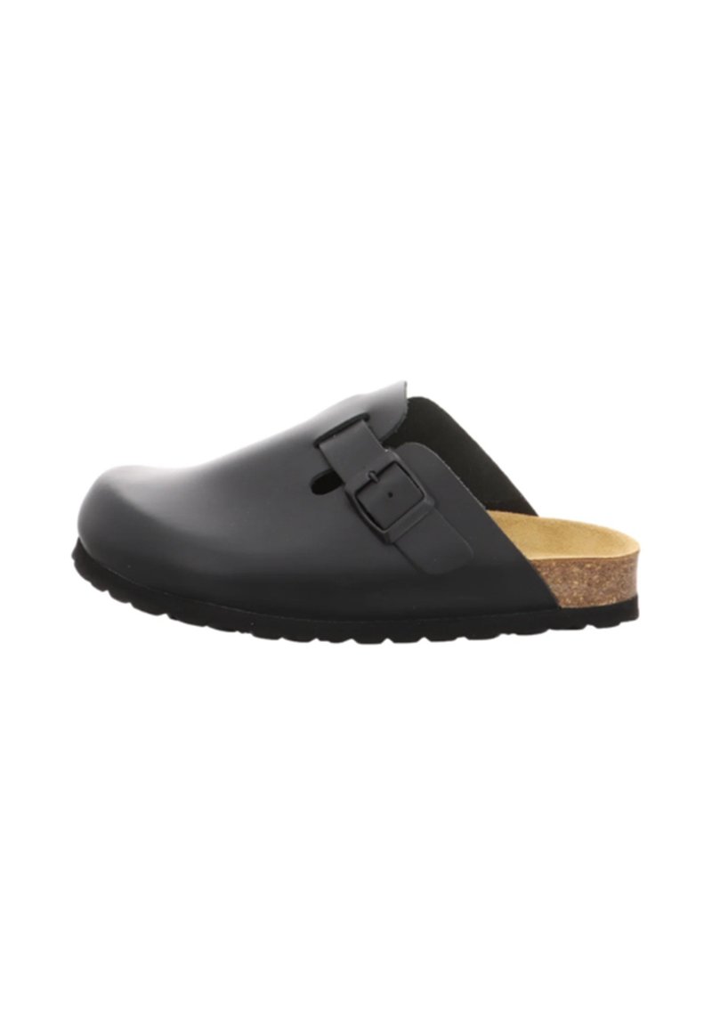 Black plastic clog featuring a cork footbed, adjustable strap, and textured rubber sole. Open back design for easy wear.