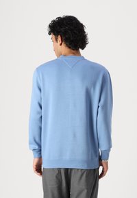 Sudadera de color azul claro con escote redondo y manga larga, con un corte relajado y puños y dobladillo acanalados para dar textura.