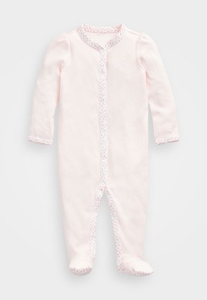 Bodysuit de algodón de color rosa claro con mangas largas, ribete con estampado floral, botones a presión y diseño con pies para mayor comodidad y calidez.