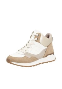 Baskets montantes avec une tige blanche en synthétique, des accents en daim beige, un système de laçage et une semelle en caoutchouc texturé. Design épuré avec des couleurs contrastées.