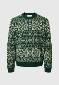 Maglione verde a maglia con un motivo geometrico bianco, scollo a crew e polsini e orlo a coste. Finitura testurizzata con design dettagliato.