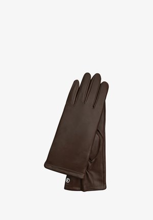 Braune Lederhandschuhe mit glatter Textur, fünf Fingern und einem spitzen Design. Besitzen ein Logo im Handgelenkbereich und minimalistische Nähdetails.