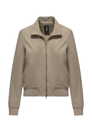 Light brown suede bomber jacket with front zipper, two side pockets, ribbed cuffs, and waistband.