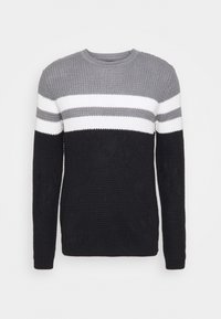 Strickpullover mit rundem Halsausschnitt, langen Ärmeln und horizontalen Streifen in Grau, Weiß und Schwarz. Strukturiertes Gewebe im gesamten Pullover.