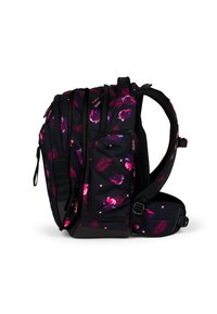 Black backpack with pink and purple floral pattern, multiple zippered compartments, padded straps, and a solid black base.