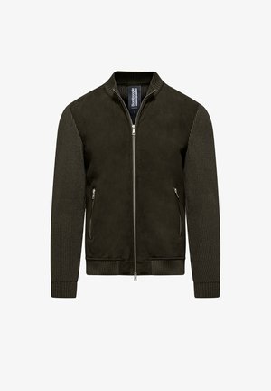 Dunkelgrüne Bomberjacke mit gestrickten Ärmeln, geripptem Kragen und Bündchen, vorderem Reißverschluss und seitlichen Reißverschlusstaschen.