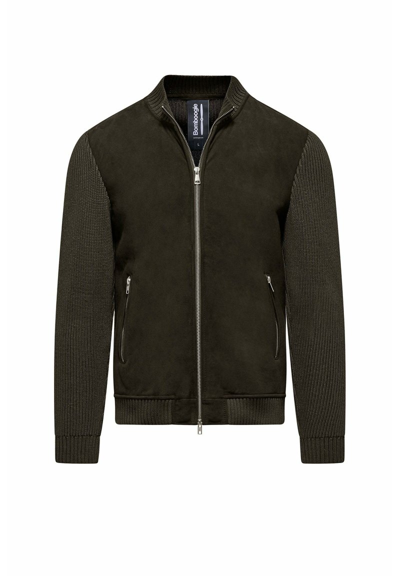 Bomber jacket verde scuro con maniche in maglia, colletto e polsini a coste, zip frontale e tasche laterali con zip.