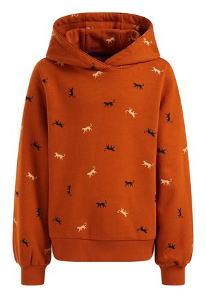 Rust-colored hoodie with scattered small black and beige dog silhouettes, featuring long sleeves and a ribbed hem and cuffs.