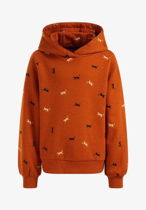 Bluza z kapturem w kolorze rdzawego brązu z rozsianymi małymi czarnymi i beżowymi sylwetkami psów, posiadająca długie rękawy oraz ściągacze na dole i przy mankietach.