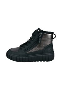 Schwarze und metallische High-Top Sneakers mit dicker Sohle, seitlichem Reißverschluss, Schnürsenkeln und Fellfutter um den Knöchel.