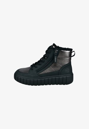 Black and metallic high-top sneaker with thick sole, side zipper, laces, and fur lining around the ankle.