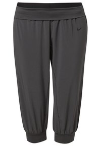 Pantaloni sportivi neri a vita alta, realizzati in un materiale liscio ed elastico, con una cintura ampia e polsini elasticizzati alle caviglie.