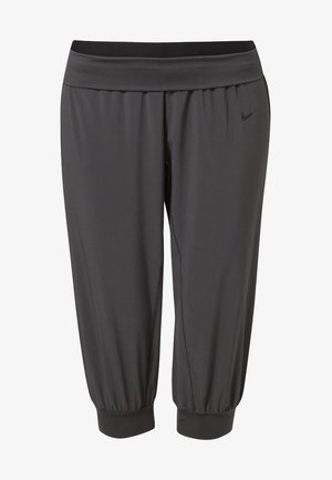 Pantaloni sportivi neri a vita alta, realizzati in un materiale liscio ed elastico, con una cintura ampia e polsini elasticizzati alle caviglie.