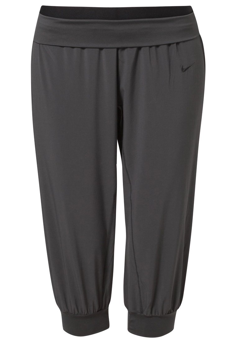 Pantaloni sportivi neri a vita alta, realizzati in un materiale liscio ed elastico, con una cintura ampia e polsini elasticizzati alle caviglie.