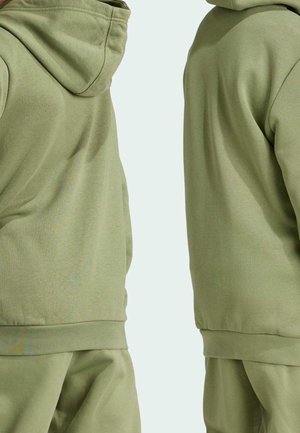 Hooded sweatshirt in light olive green, featuring a soft texture, fitted design, and ribbed cuffs and hem. Visible stitching detail on seams.