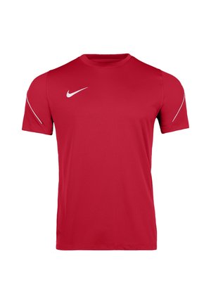 Red short-sleeve sports t-shirt with white Nike swoosh on the chest and white curved stripes on the sleeves.